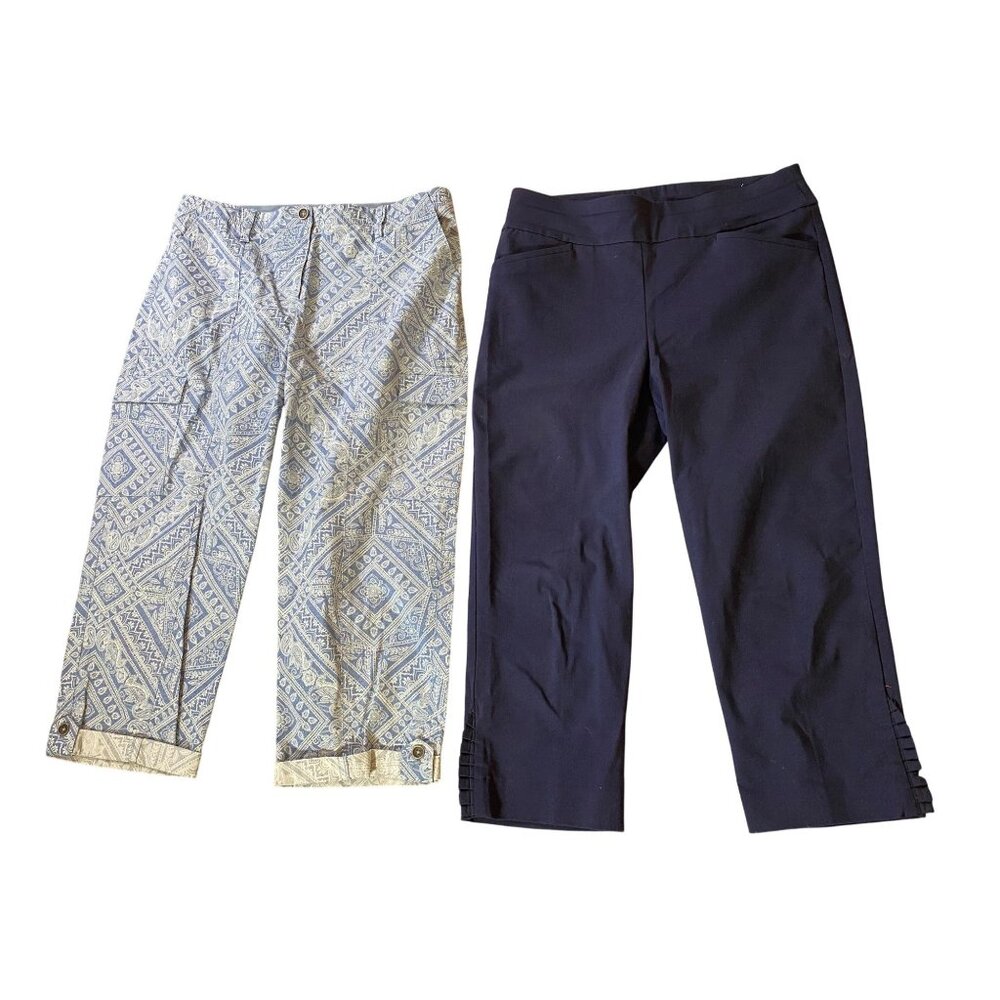 2 Pairs of Chicos Cropped Pants Size 1 Blue Patterned Navy Stretch Cotton Blend